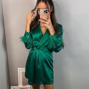 Zara Green Satin Effect Feather Dress NWT Size Medium